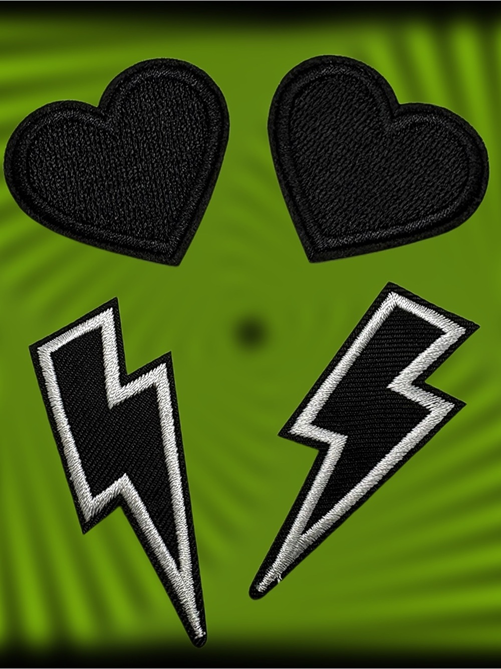 Set of 4 Iron On Patches - Black Hearts & Lightning Bolts